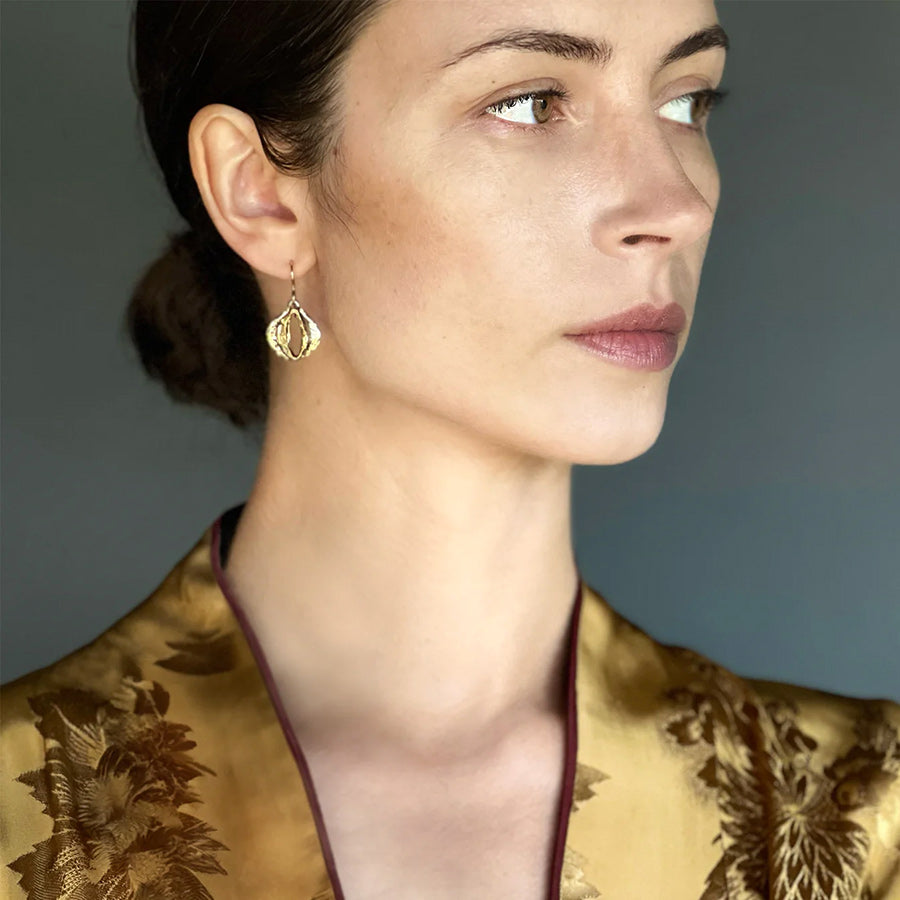 Model wearing Lantern Earrings by Kirsten Muenster Jewelry
