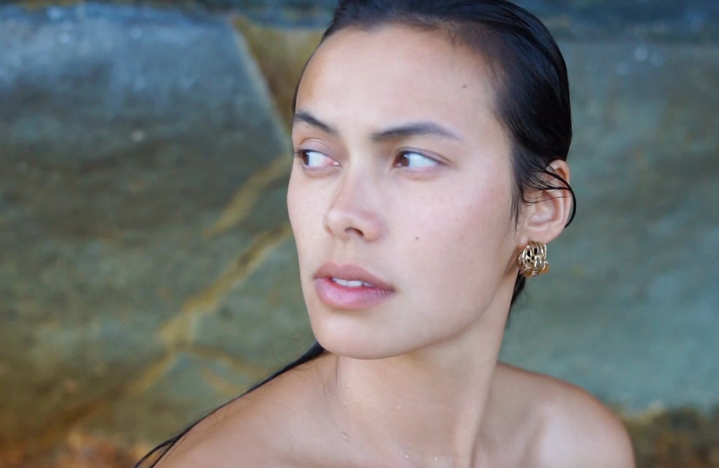 Model wearing Yellow Bronze Hoop Earrings for KMJ lookbook