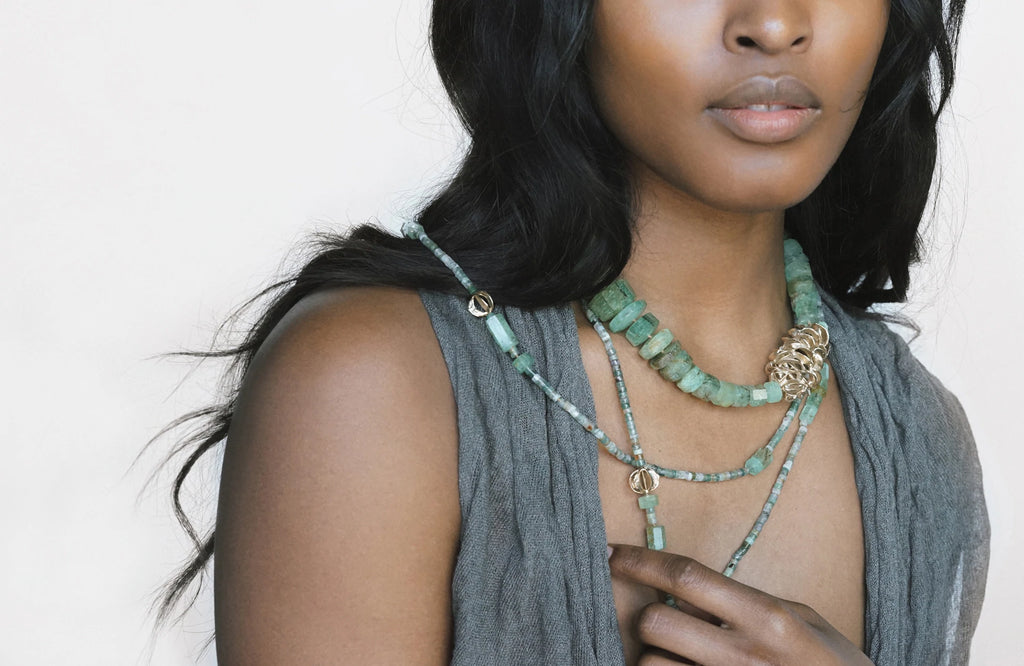 Model wearing Beryl Emerald Chrysalis Bead Necklace by KMJ