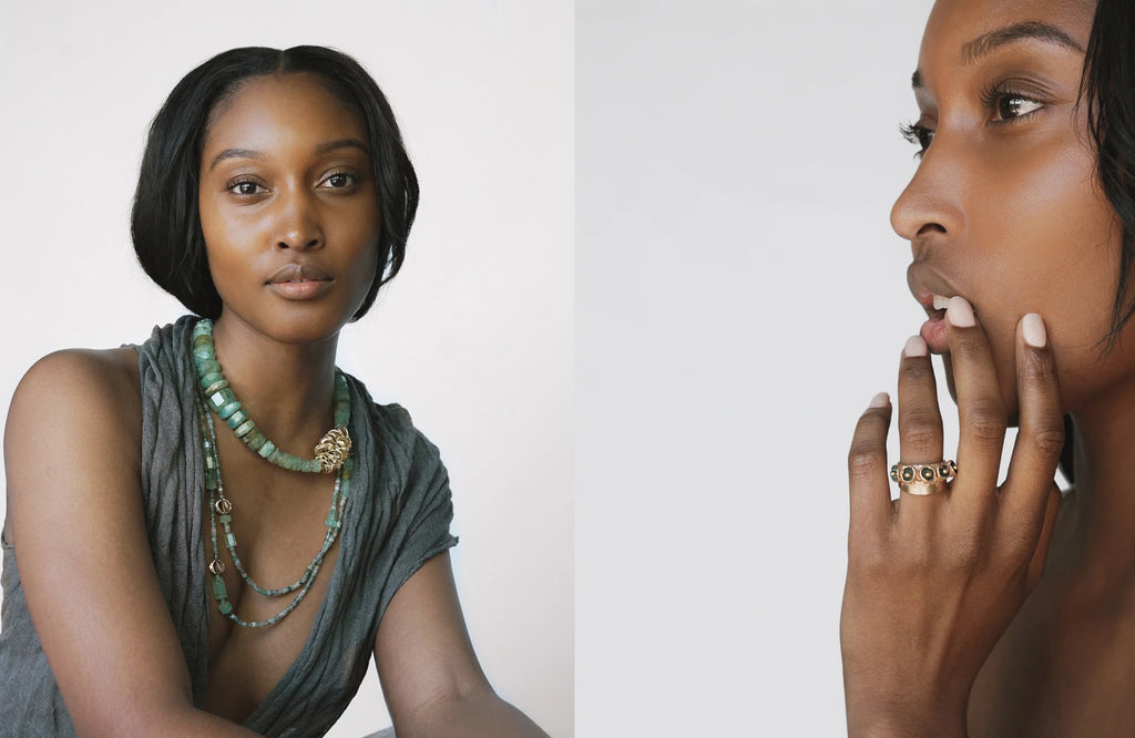 Beryl Emerald & Gold Chrysalis Bead Necklace * Gold Bell Pod Ring | Kirsten Muenster Jewelry