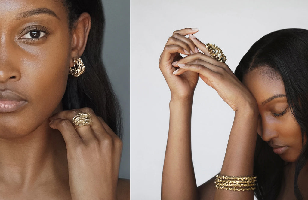 Gold Banksia Hoop Earrings & Banksia Lace Ring | Kirsten Muenster Jewelry